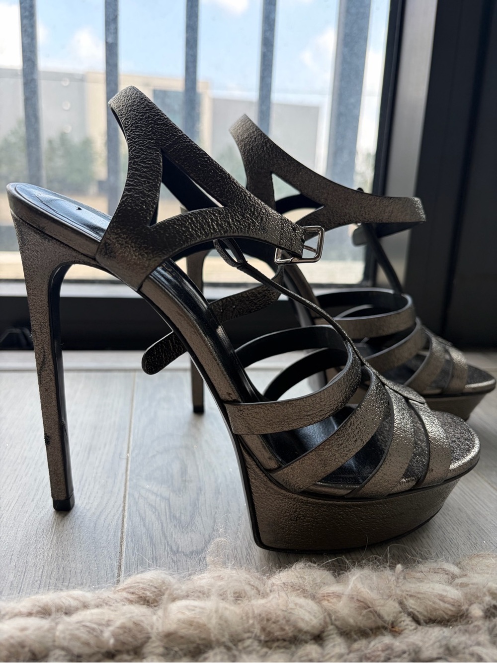 Saint Laurent Metallic Black Strappy Platform Heels